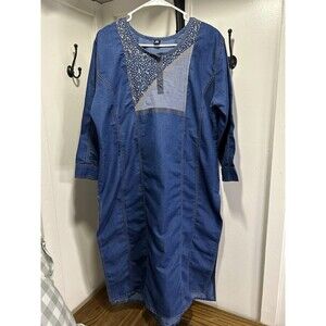 FQ Womens Side Slit Denim Dress Lightweight Embroidery Made In India Size XXL